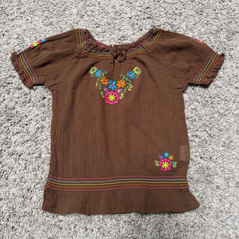 Y2K Vintage Childrens Place Embroidered Gauze Peasant Top Brown Toddler Girl 24M